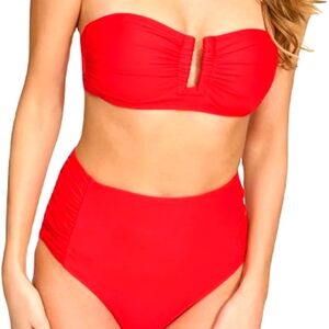 DKNY Red U Wire Shirred Bandeau Swim Set